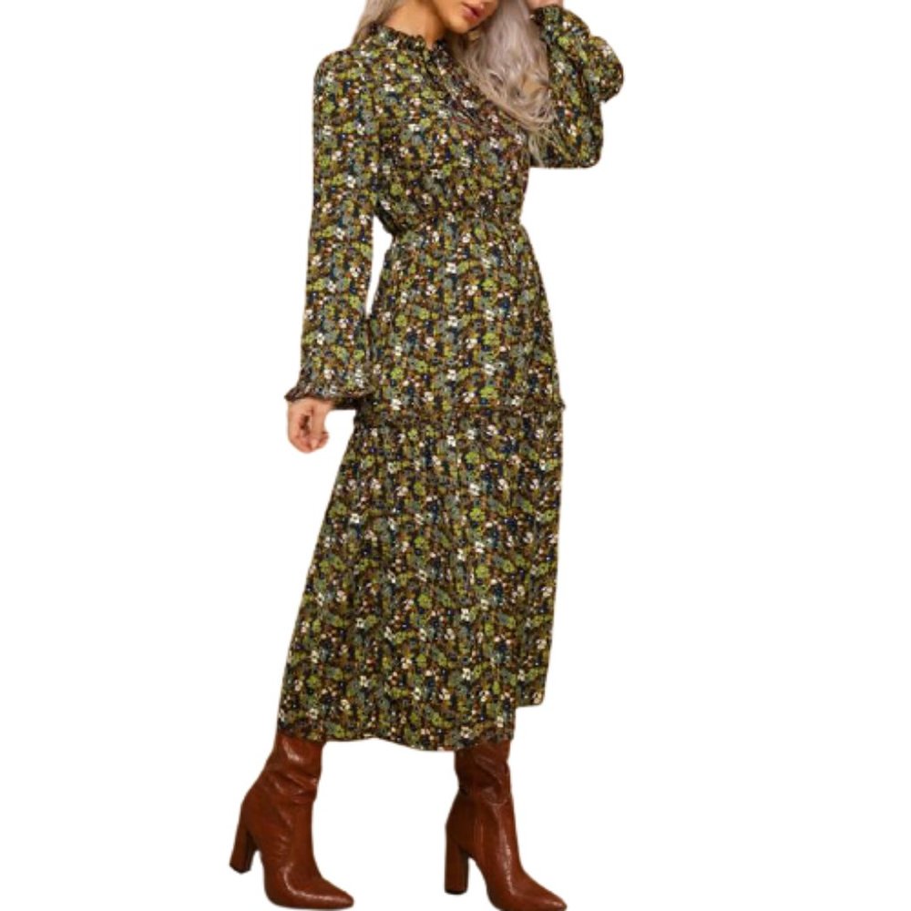 Wildflower Floral Tie Neck Ruffle Trim A-line Midi Dress